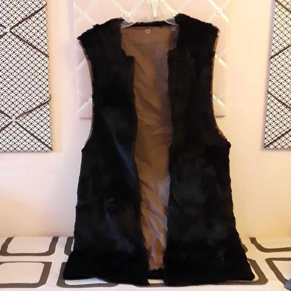 Faux Fur Gilet Vest Black with Satin Brown Lining